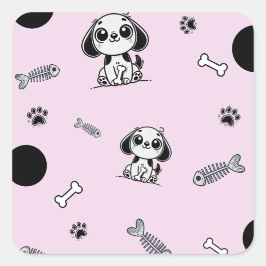 Roze & Zwarte Vis Botten Puppy Hond Verjaardagsfee Vierkante Sticker (Voorkant)