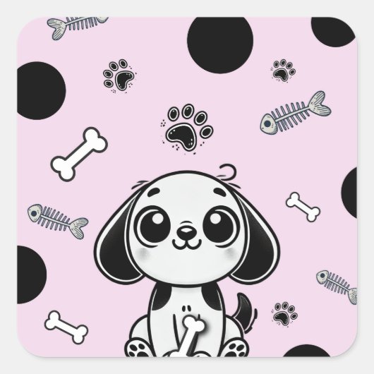 Roze & Zwarte Vis Botten Puppy Hond Verjaardagsfee Vierkante Sticker (Voorkant)