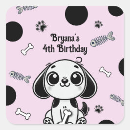 Roze & Zwarte Visgraat Puppy Hond Verjaardagsfeest Vierkante Sticker