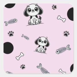 Roze & Zwarte Visgraat Puppy Hond Verjaardagsfeest Vierkante Sticker