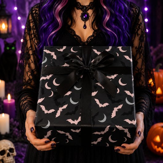 Roze & Zwarte Vleermuizen Celestial Maan Halloween Cadeaupapier
