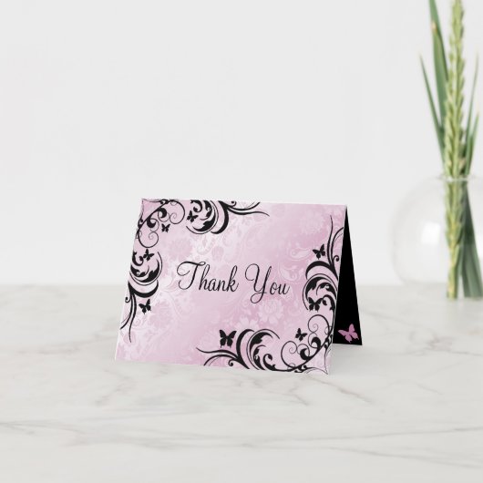 Roze & Zwarte Vlinder & Bloem Dank u kaart (Voorkant)