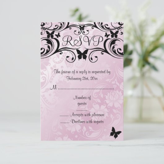 Roze & Zwarte Vlinder & Bloem RSVP Kaart (Staand voorkant)