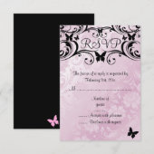 Roze & Zwarte Vlinder & Bloem RSVP Kaart (Voorkant / Achterkant)