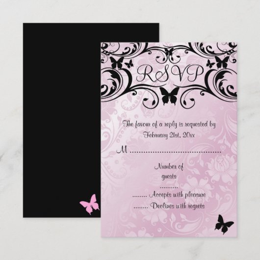 Roze & Zwarte Vlinder & Bloem RSVP Kaart (Voorkant / Achterkant)