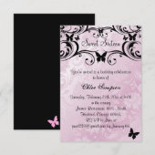 Roze & Zwarte Vlinder & Bloem Sweet16 Uitnodiging (Voorkant / Achterkant)