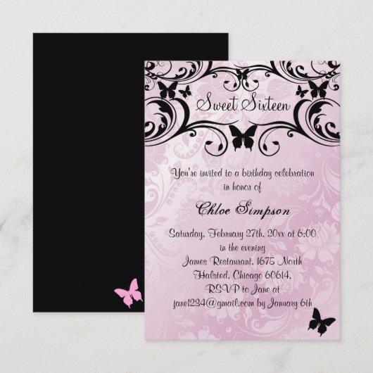 Roze & Zwarte Vlinder & Bloem Sweet16 Uitnodiging (Voorkant / Achterkant)