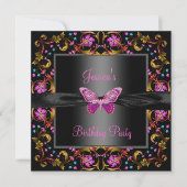 Roze zwarte vlinder bloemige verjaardagsfeestje kaart (Voorkant)