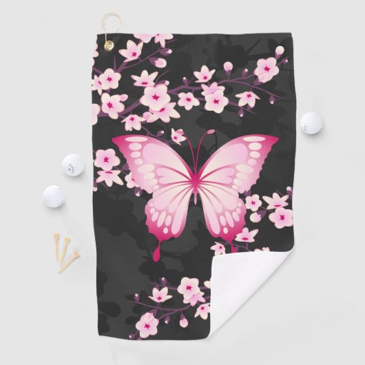 Roze zwarte vlinder en torenbloesems golfhanddoek (Insitu)