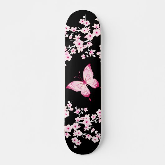 Roze zwarte vlinder en torenbloesems persoonlijk skateboard (Voorkant)