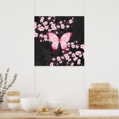 Roze zwarte vlinder en torenbloesems poster (Keuken)