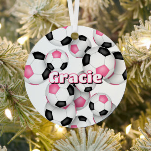 Roze Zwarte voetballen Sport Keepsake Metalen Ornament