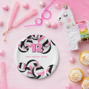 Roze zwarte volleyballen meisjes verjaardagsfeestj papieren bordje