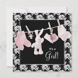 Roze Zwarte Waslijn Baby Meisje Shower Kaart