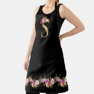 Roze zwarte Waterverf Floral Gold Tone Monogram S Schort