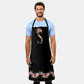 Roze zwarte Waterverf Floral Gold Tone Monogram S Schort (Gedragen)