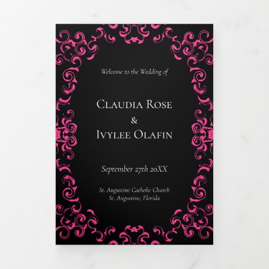 Roze zwarte wervelende gotische bruiloft drieluik programma (Cover)