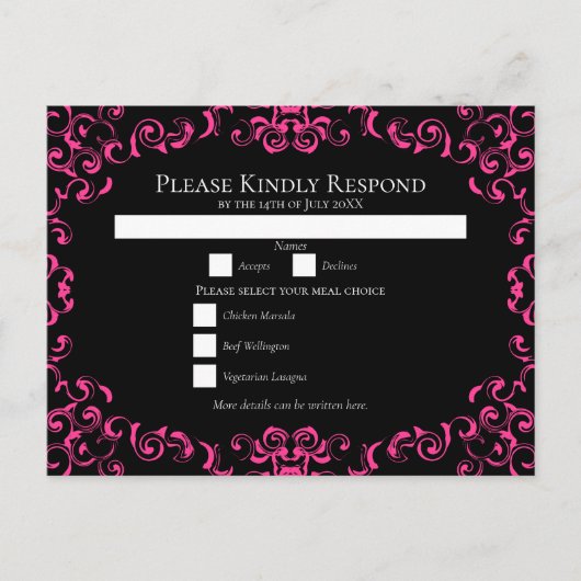 Roze zwarte wervelende gotische bruiloft feestdagenkaart (Voorkant)