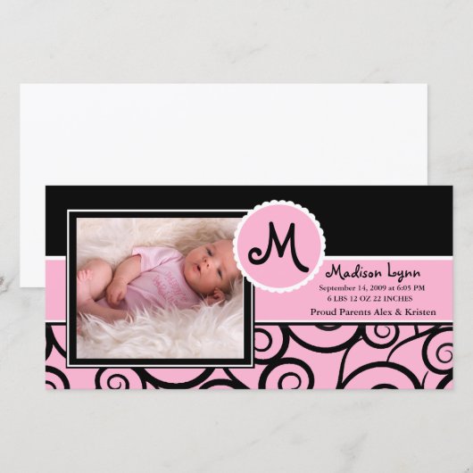 Roze & Zwarte Werveltje Baby Meisje Geboorte Aankondiging (Voorkant / Achterkant)