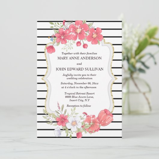 Roze zwarte wilde waterverf land bruiloft kaart (Staand voorkant)