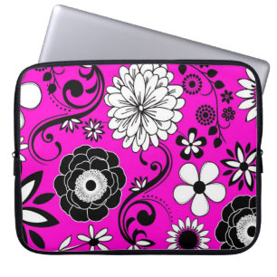 Roze zwarte witte bloem kunst laptop mouw sleeve