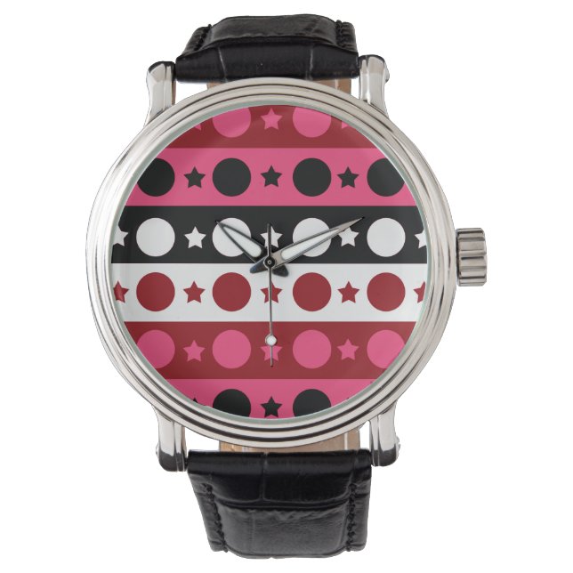 Roze Zwarte Witte Cirkel Sterren Stripes Design Horloge (Voorkant)