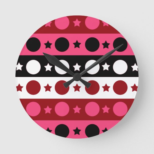 Roze Zwarte Witte Cirkel Sterren Stripes Design Ronde Klok (Voorkant)
