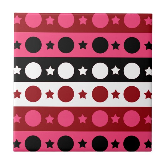 Roze Zwarte Witte Cirkel Sterren Stripes Design Tegeltje (Voorkant)
