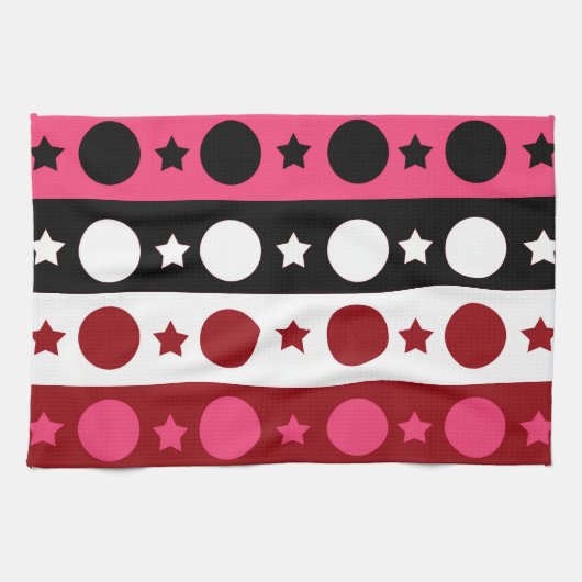Roze Zwarte Witte Cirkel Sterren Stripes Design Theedoek (Horizontaal)