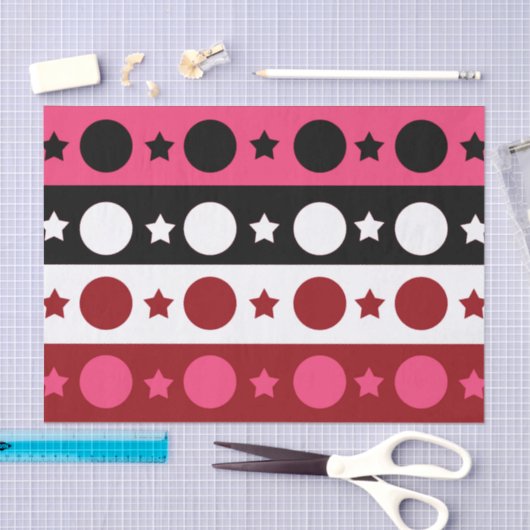 Roze Zwarte Witte Cirkel Sterren Stripes Design Tissuepapier (Craft)