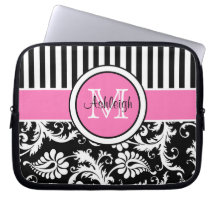 Roze zwarte witte Damask Striped laptophoes