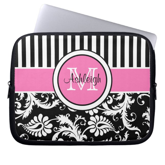 Roze zwarte witte Damask Striped laptophoes Laptop Sleeve (Voorkant)