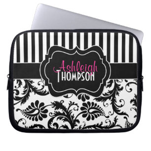 Roze zwarte witte Damask Striped laptophoes Laptop Sleeve