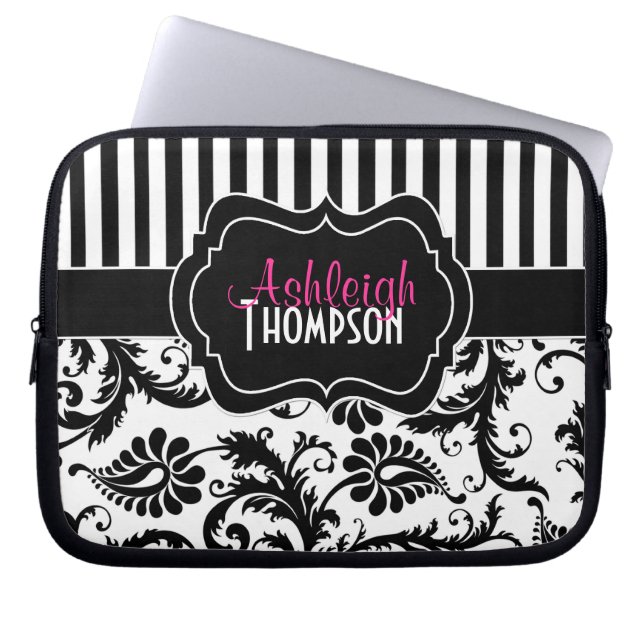 Roze zwarte witte Damask Striped laptophoes Laptop Sleeve (Voorkant)