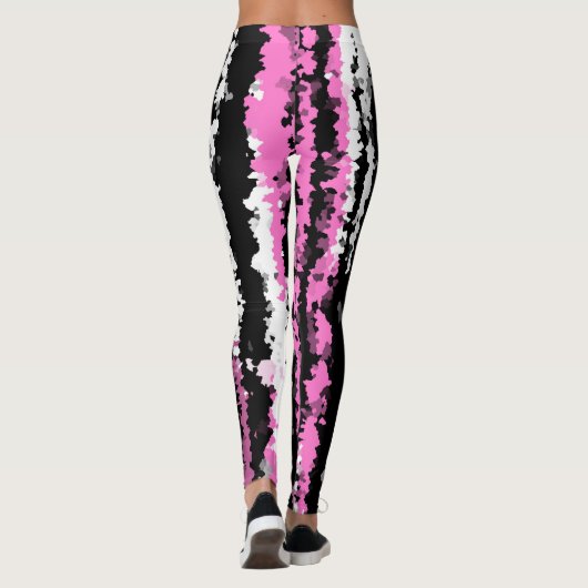 Roze zwarte witte en grijze abstracte strepen leggings (Achterkant)