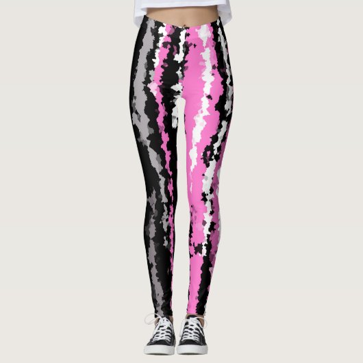 Roze zwarte witte en grijze abstracte strepen leggings (Voorkant)
