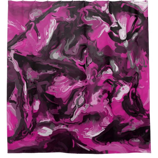 Roze, zwarte, witte en grijze rondjes douchegordijn (Voorkant)