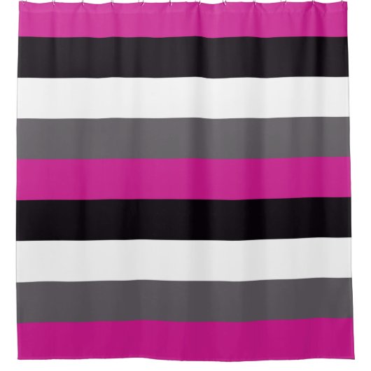 Roze, zwarte, witte en grijze strepen douchegordijn (Voorkant)