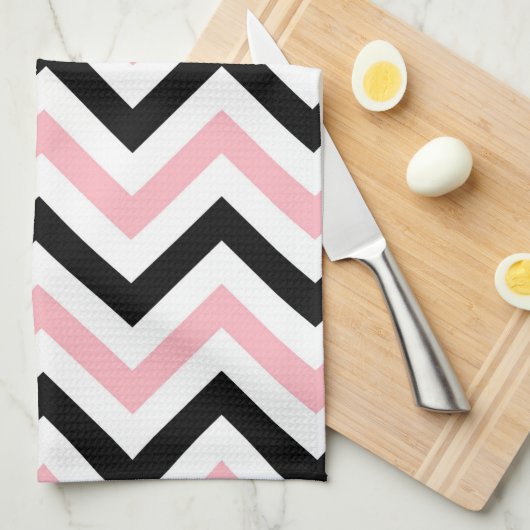 Roze, zwarte, witte grote Chevron ZigZag Pattern Theedoek (Quarter Fold)