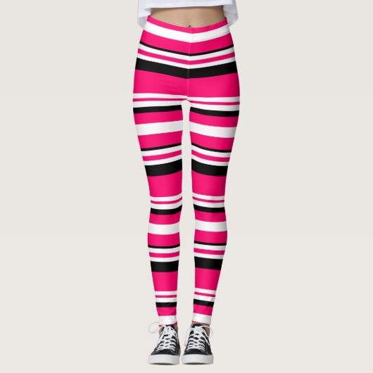 Roze zwarte witte horizontale strepen leggings (Voorkant)