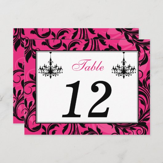 Roze zwarte witte luchters, Scroll Table Number Briefkaart (Voorkant / Achterkant)