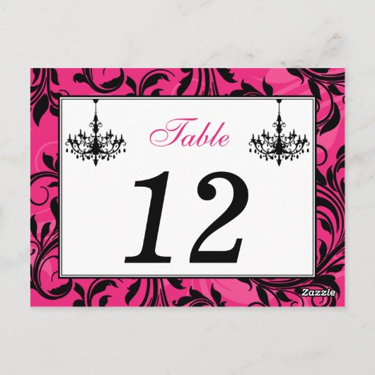 Roze zwarte witte luchters, Scroll Table Number Briefkaart (Achterkant)