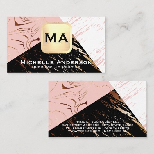 Roze zwarte witte marmer | Monogram Visitekaartje (Voorkant / Achterkant)