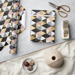 Roze, Zwarte & Witte Marmer Textuur Geometrisch Cadeaupapier