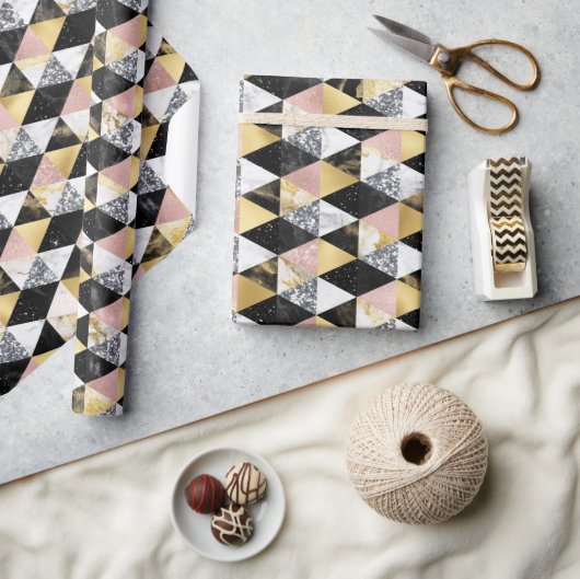 Roze, Zwarte & Witte Marmer Textuur Geometrisch Cadeaupapier (Crafts)