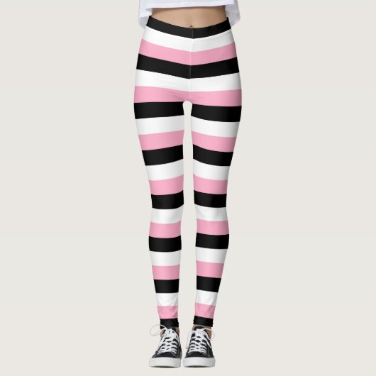 Roze, zwarte, witte strepen leggings (Voorkant)