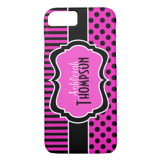 Roze zwarte witte striped Polka Dots iPhone 7 Hoes (Achterkant)