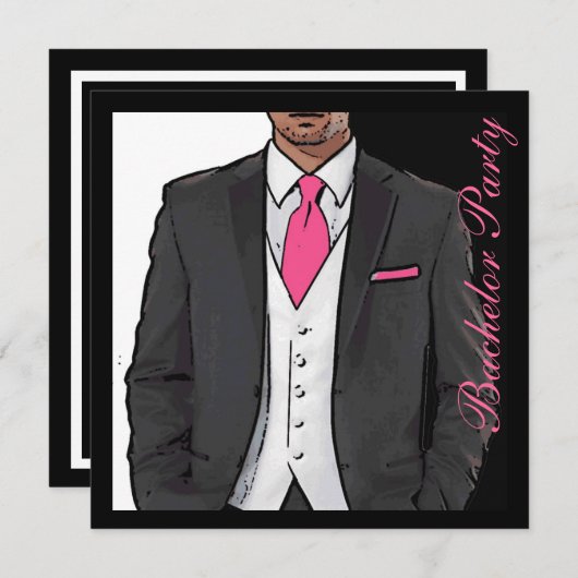Roze zwarte witte tuxedo bachelor feestjes kaart (Voorkant / Achterkant)