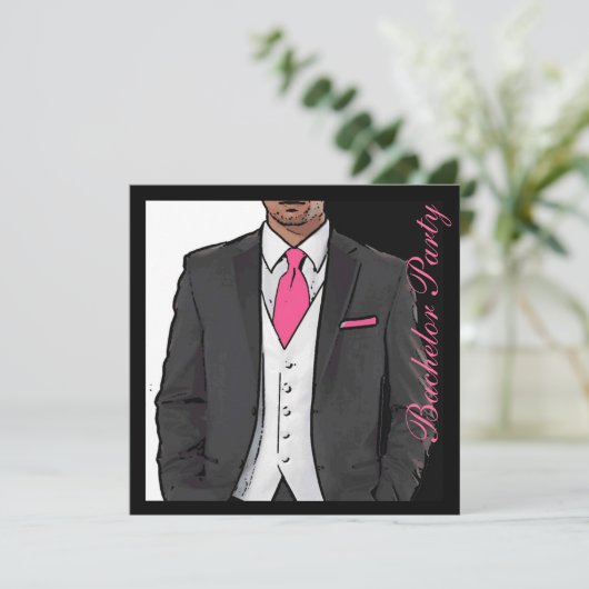 Roze zwarte witte tuxedo bachelor feestjes kaart (Staand voorkant)
