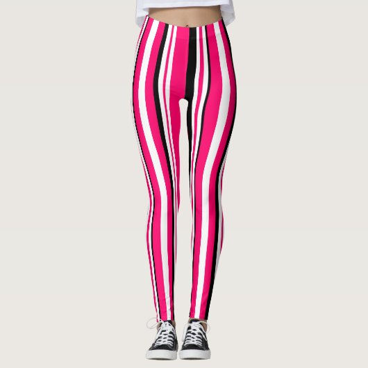Roze zwarte witte verticale strepen leggings (Voorkant)